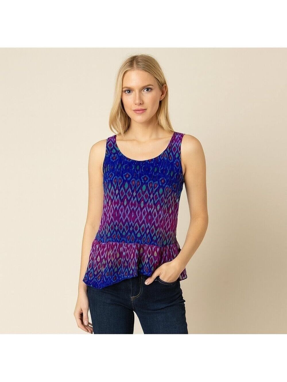 Express Dopamine Burst Sleeveless Top – Size M – Ruffled Hem, Vibrant Ikat Print